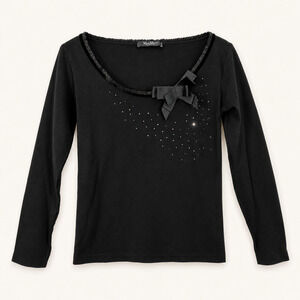 Max Mara Bodywear Black Bow Rhinestone Long Sleeve Top M Holiday Festive